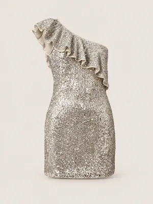 AI-generated product photo of the silver sequin mini, one of the pieces in the Someone Shop.