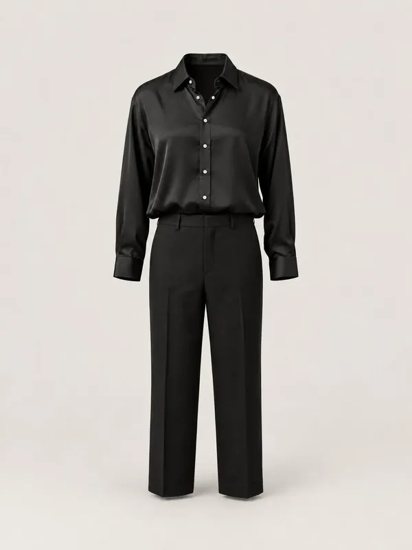 AI-generated product photo of the black silk button-up, one of the pieces in the Someone Shop.