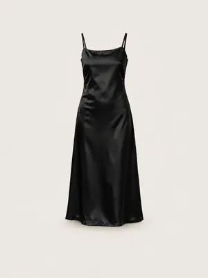 AI-generated product photo of the black satin slip dress, one of the pieces in the Someone Shop.