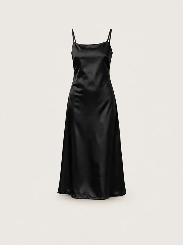 AI-generated product photo of the black satin slip dress, one of the pieces in the Someone Shop.