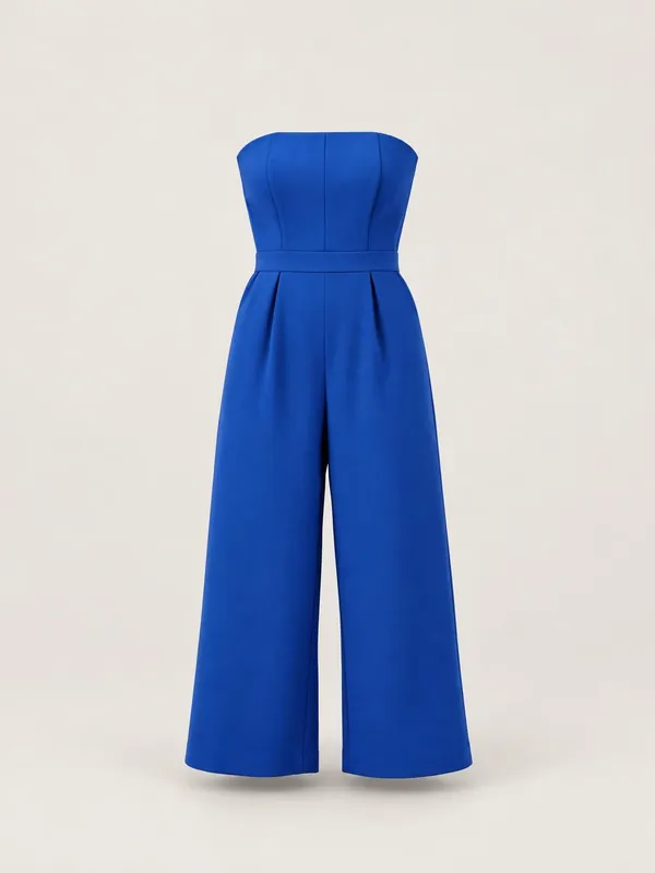 AI-generated product photo of the cobalt strapless jumpsuit, one of the pieces in the Someone Shop.