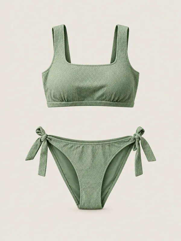 AI-generated product photo of the sage tie-side bikini, one of the pieces in the Someone Shop.