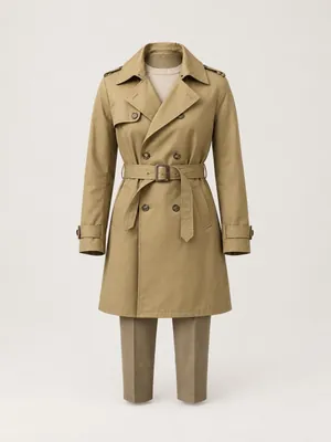 AI-generated product photo of the khaki trench coat, one of the pieces in the Someone Shop.