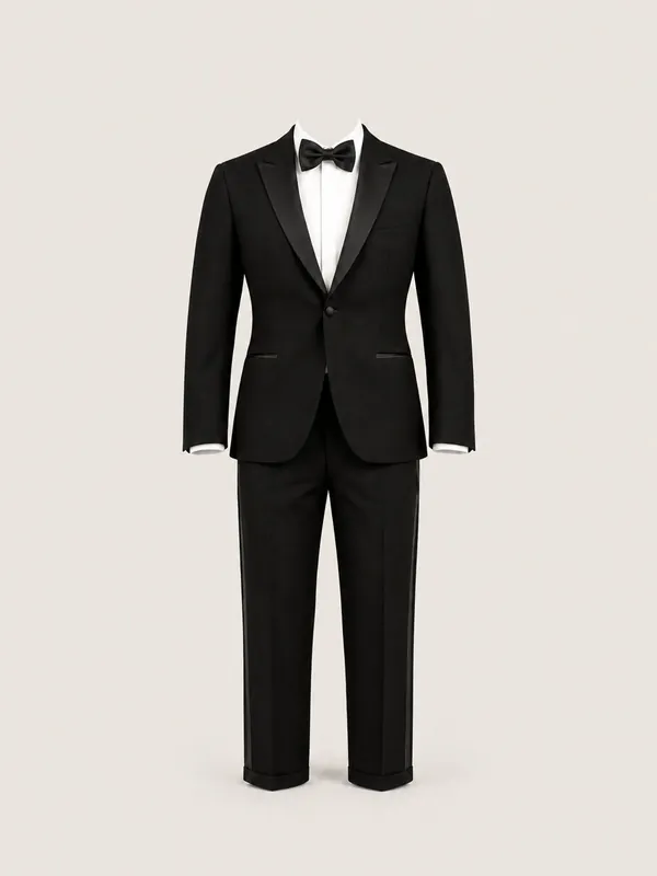 AI-generated product photo of the black black-tie tuxedo, one of the pieces in the Someone Shop.